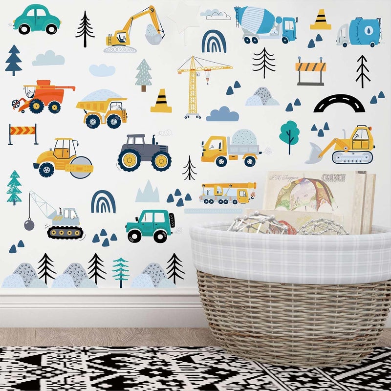 CharmFlo Construction Vehicles Wall Decals - 90Pcs (6 Sheets) Peel & Stick Removable Wall Stickers for Boys Room, Nursery, Playroom - Trucks, Excavator, Crane Theme Boho Kids Bedroom Decor, Easy DIY - Image 4